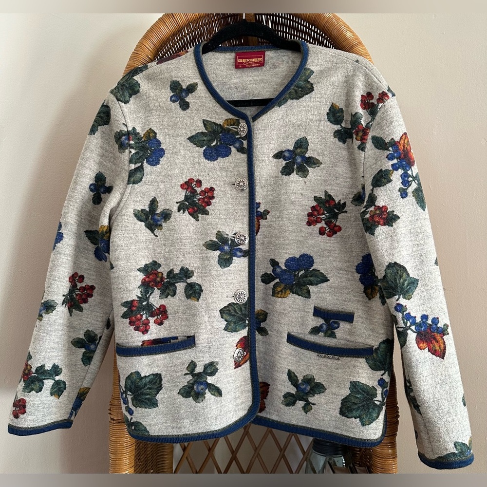 Vintage Geiger Fruit Print Boiled Wool Button Up Sweater Austria Grannycore